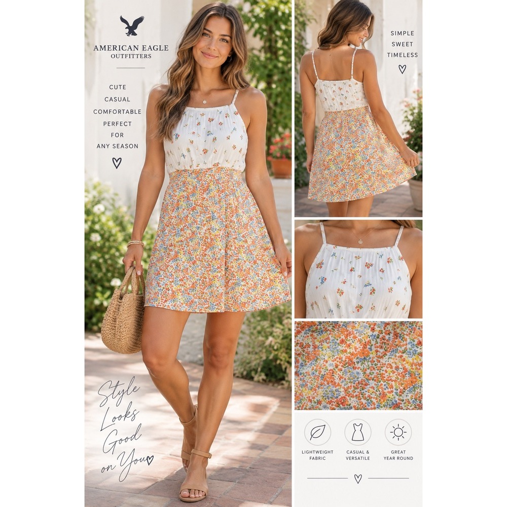 American Eagle Floral Empire Waist Mini Dress White Orange Blue Medium boho